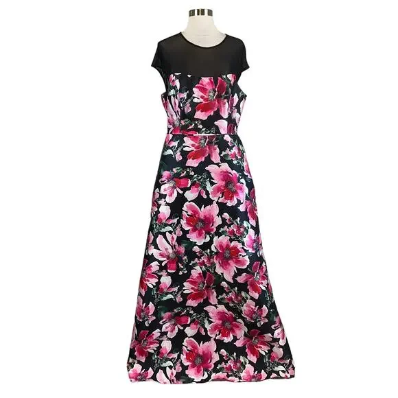 Adrianna Papell Floral Print A-Line Evening Gown Black and Pink Size 8 Dress - Picture 2 of 10